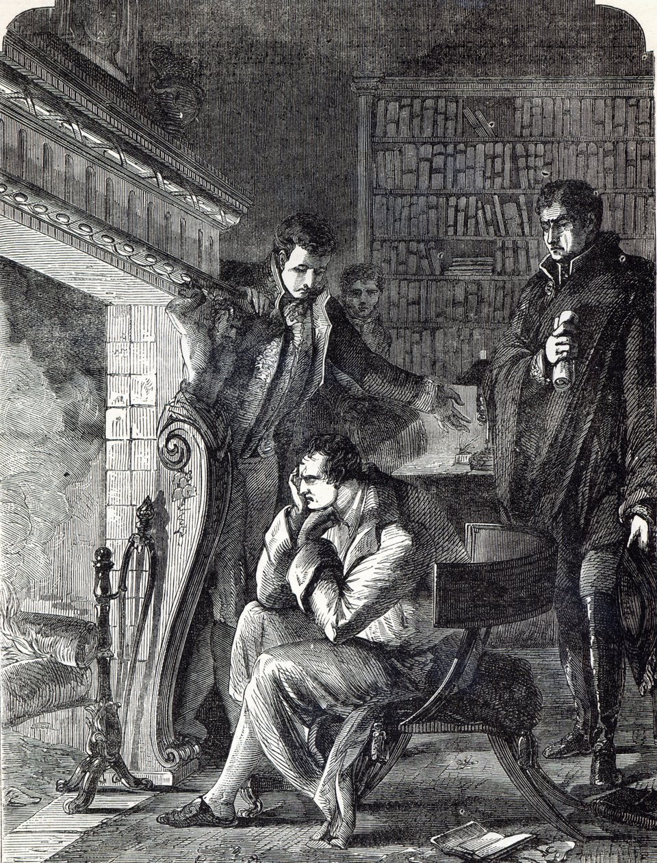 Napoleon dumající u ohně noc před svou abdikací a odjezdem z Fontainebleau dne 20. dubna 1814 od English School