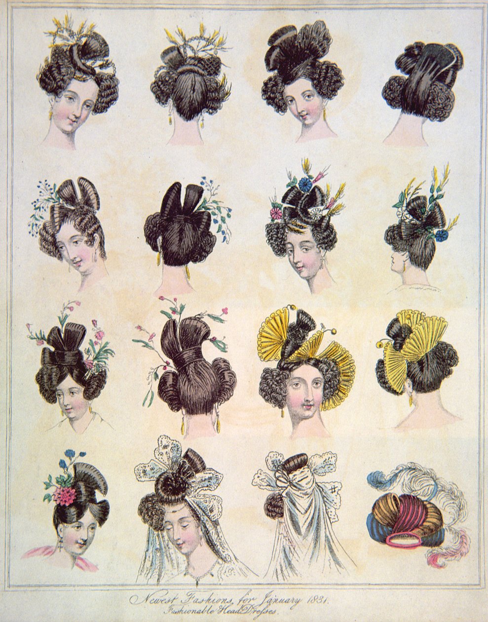 Nejnovější móda pro leden 1831, módní pokrývky hlavy z VIII. dílu The World of Fashion a Continental Fenilletons, pub. 1831 od English School