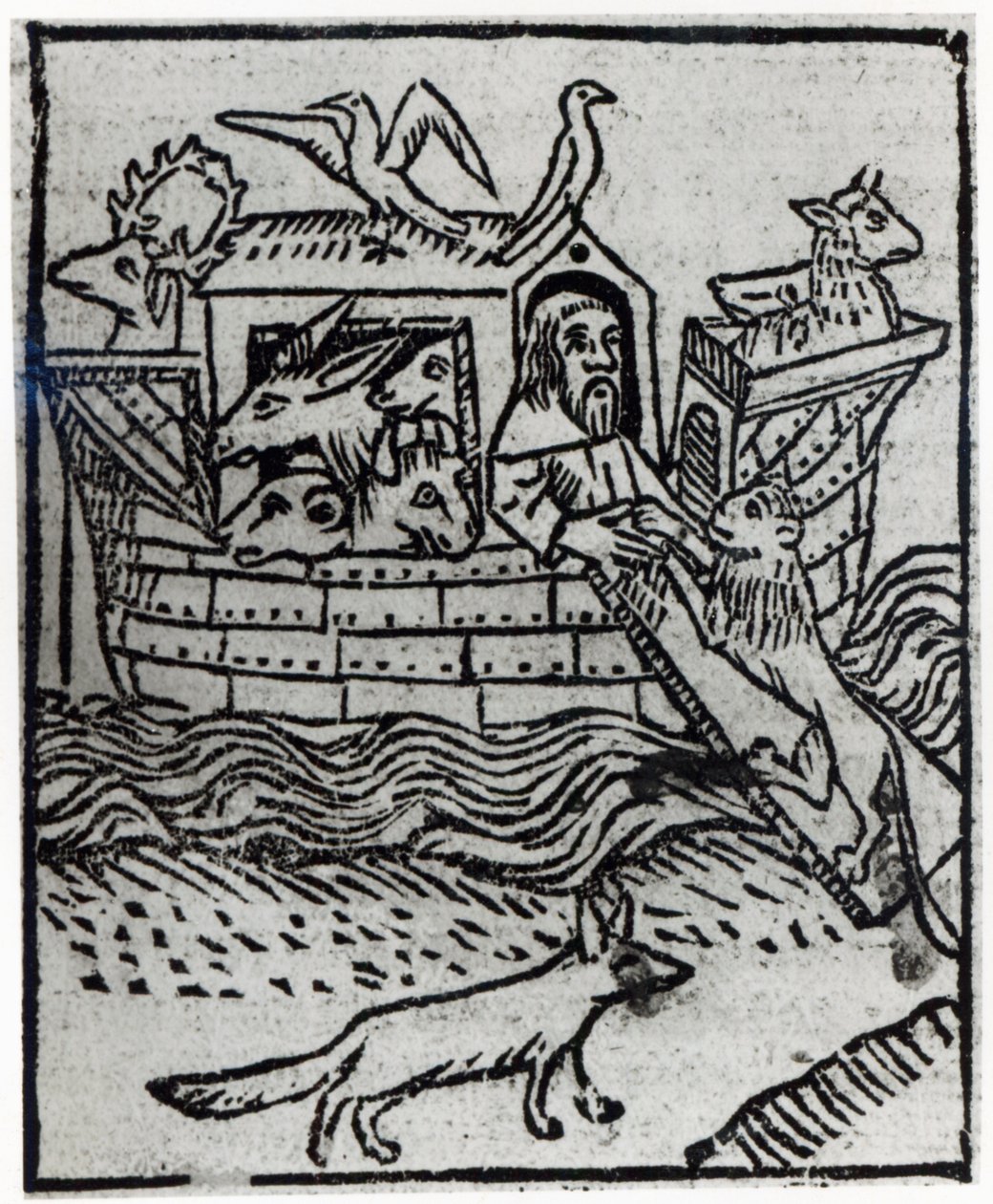 Noemova archa, ilustrace ze „Zlaté legendy“, kterou sestavil Jacobus de Voragine a publikoval William Caxton, 1483 od English School