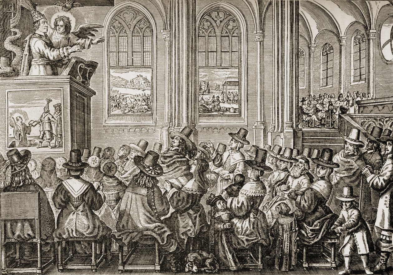 Oliver Cromwell (1599-1658) káže puritánskému sboru od English School