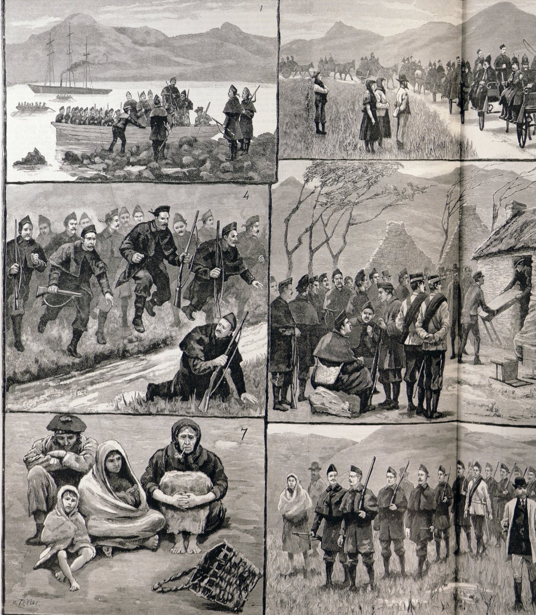O vystěhovací povinnosti v Irsku: Náčrtky v Galway s vojenskými a policejními silami, z „The Illustrated London News“, 5. ledna 1886 (detail 127867) od English School