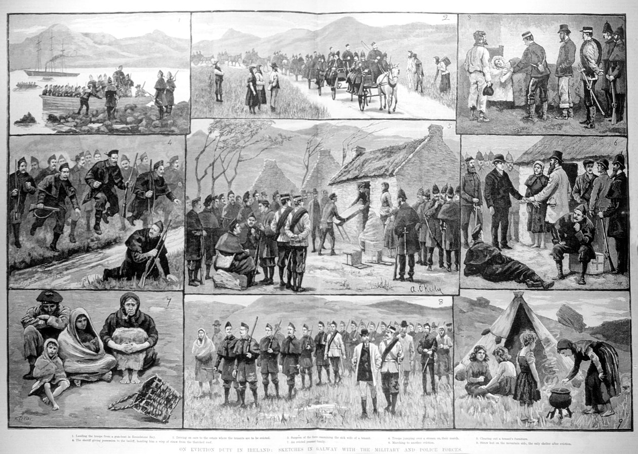 O povinnosti vystěhování v Irsku: Náčrtky v Galway s vojenskými a policejními silami, z „The Illustrated London News“, 5. ledna 1886 od English School