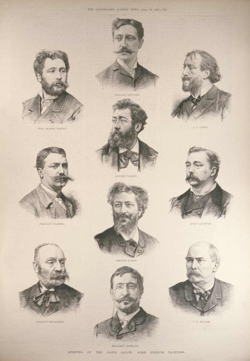 Otevření pařížského salonu: Někteří francouzští malíři, z „The Illustrated London News“, 30. dubna 1887 od English School