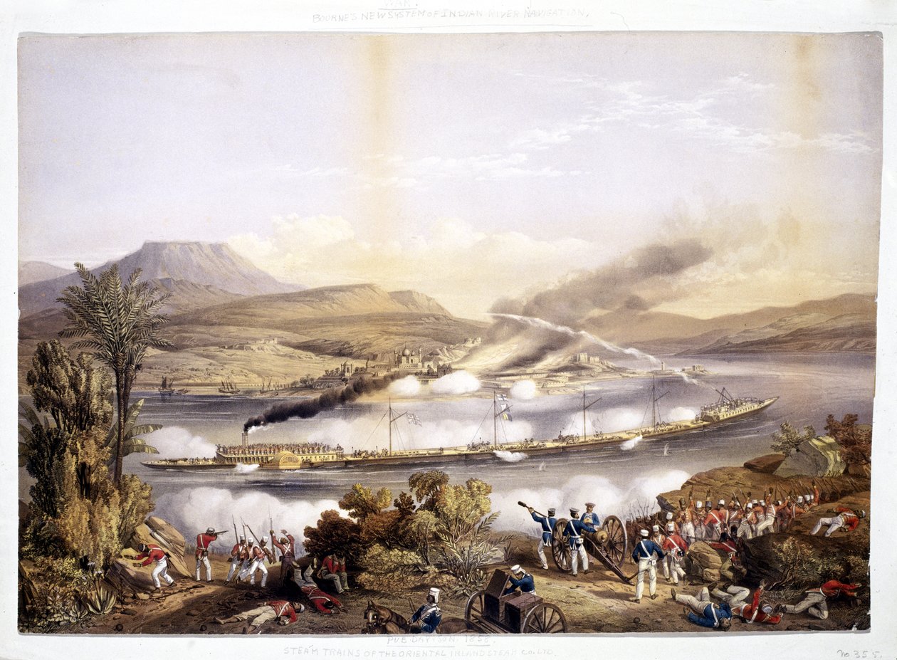 Kolesový parník a čluny ze System of Indian River Navigation od Johna Bourneda, 1858 od English School