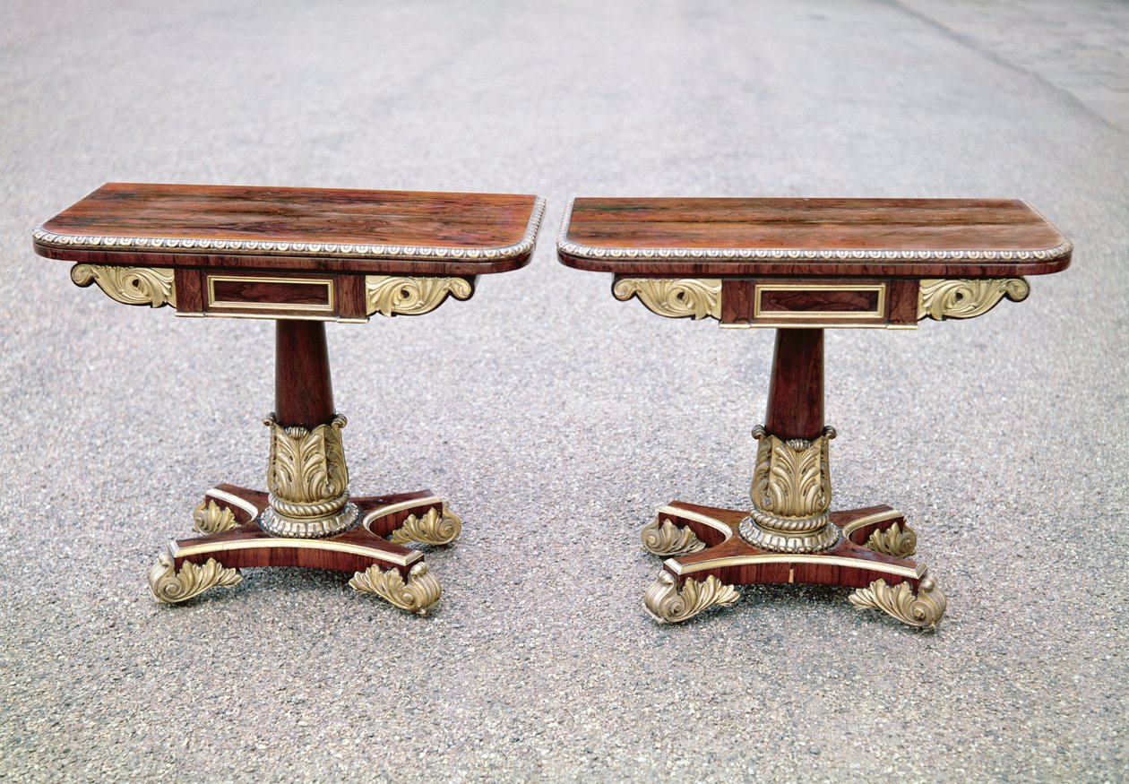 Pair of Regency karetní stoly na čtyřech podstavcích, cca 1810 (palisandr a zlacení) od English School