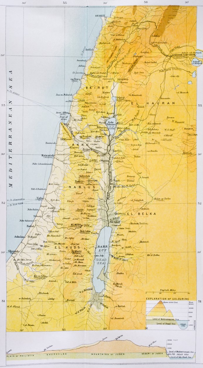 Palestina v 90. letech 19. století, z „Občanského atlasu světa“, vydaného v Londýně kolem roku 1899 od English School