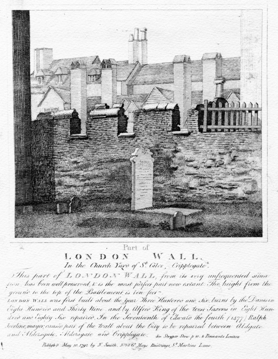 Část londýnských hradeb na dvoře kostela svatého Jiljí v Cripplegate, vydáno 1792 od English School