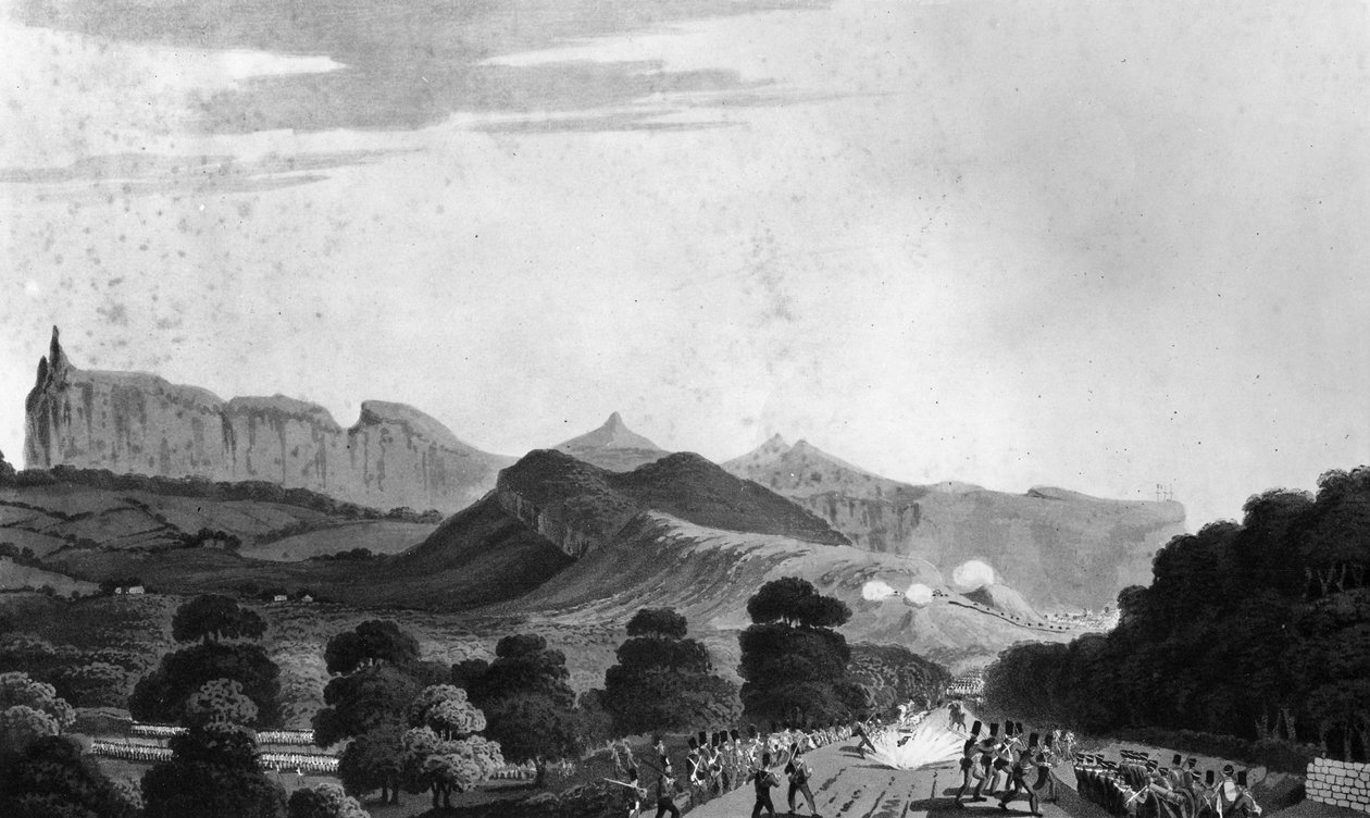 Část britské armády formující se před Port Louis, vyryl I. Clark, 1813 (akvatinta) od English School