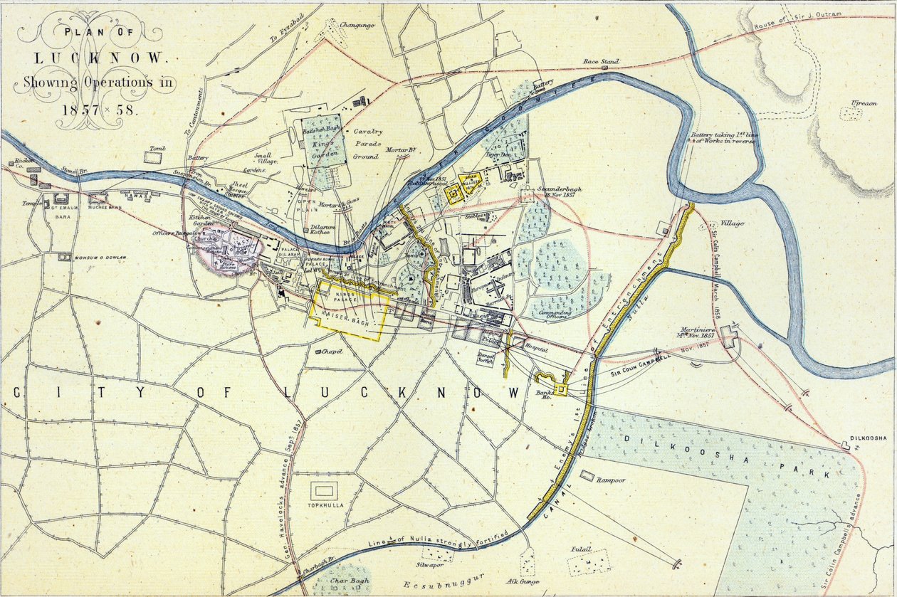 Plán Lucknow zobrazující operace v letech 1857-58, hospoda. William Mackenzie, kolem roku 1860 od English School
