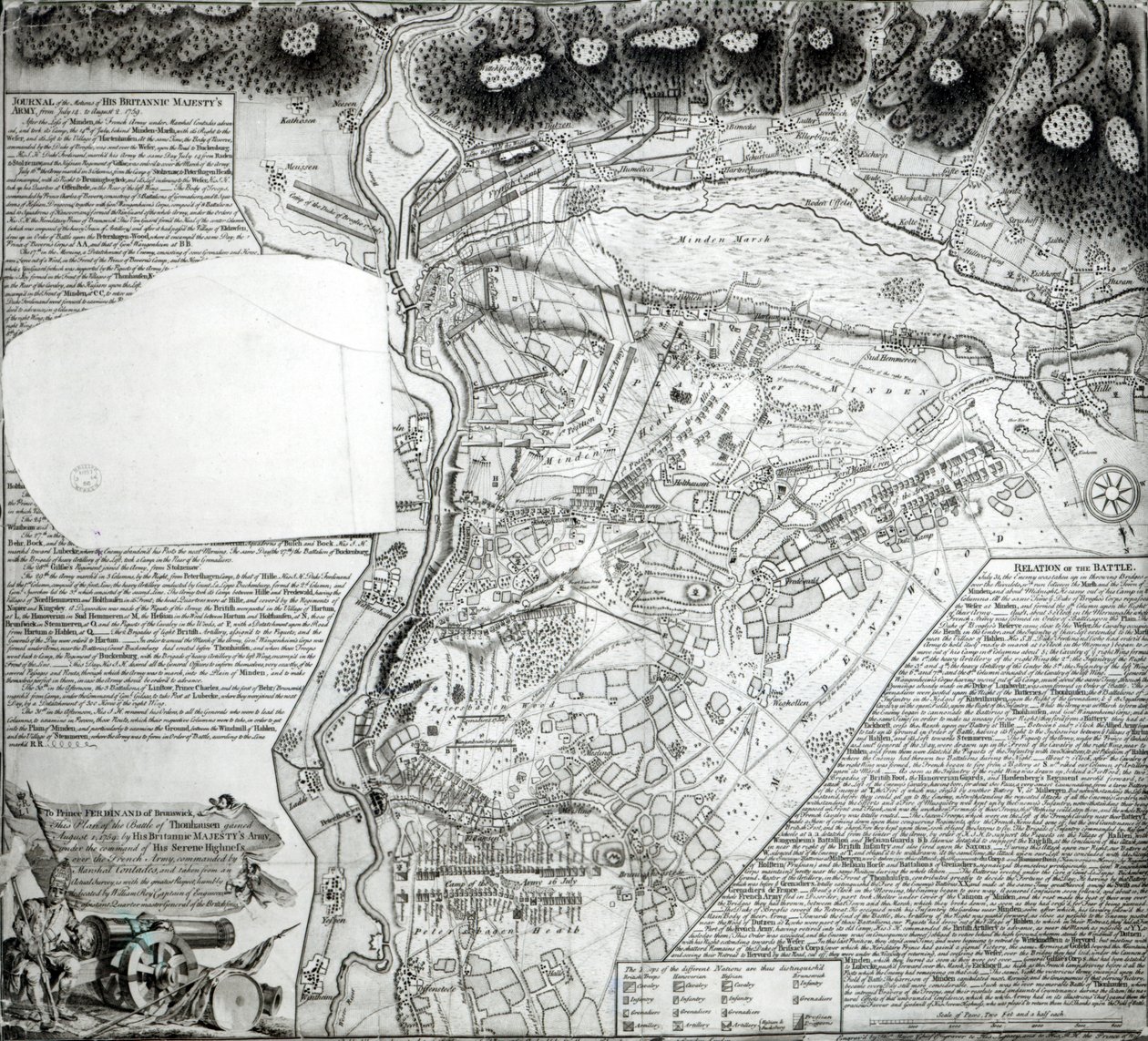 Plán bitvy o Minden, nakreslený kapitánem Williamem Royem a vyrytým Thomasem Majorem, 1760 od English School