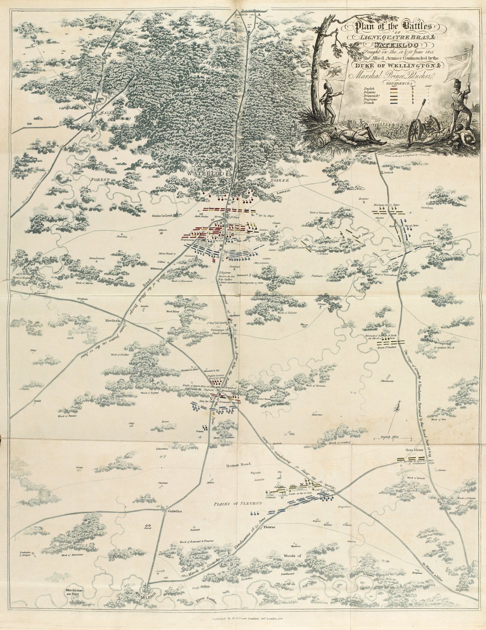 Plán bitev u Ligny, Quatre Bras a Waterloo, které ve dnech 16. a 18. června 1815 vedly spojenecké armády pod velením vévody z Wellingtonu a maršála prince Blüchera, z „Historický účet“ od English School