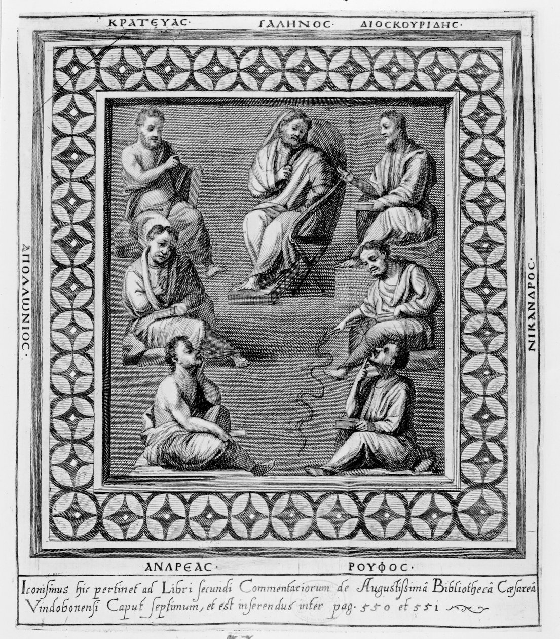 Deska ilustrující sedm řeckých filozofů ze sedmé kapitoly „Druhé knihy komentářů ke knihovně Caesara Augusta“ 1668 od English School