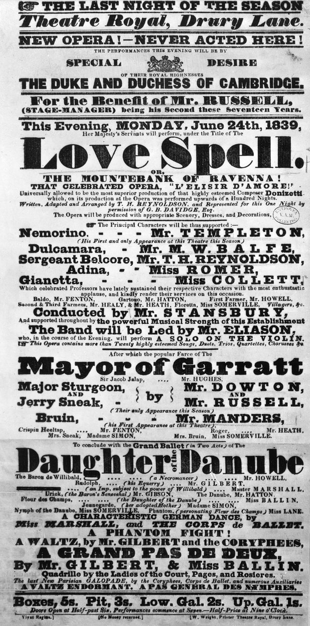 Playbill oznamující představení "Love Spell" na přání vévody a vévodkyně z Cambridge, 1839 (tištěný papír) od English School