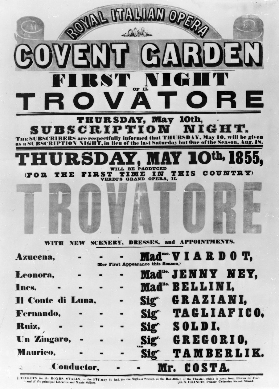 Playbill pro Královskou italskou operu v Covent Garden, 1855 (tištěný papír) od English School