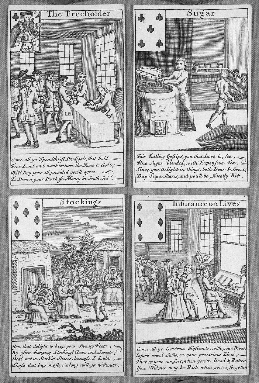 Hrací karty zobrazující současné komerční podniky, cca 1720 (tisk) od English School