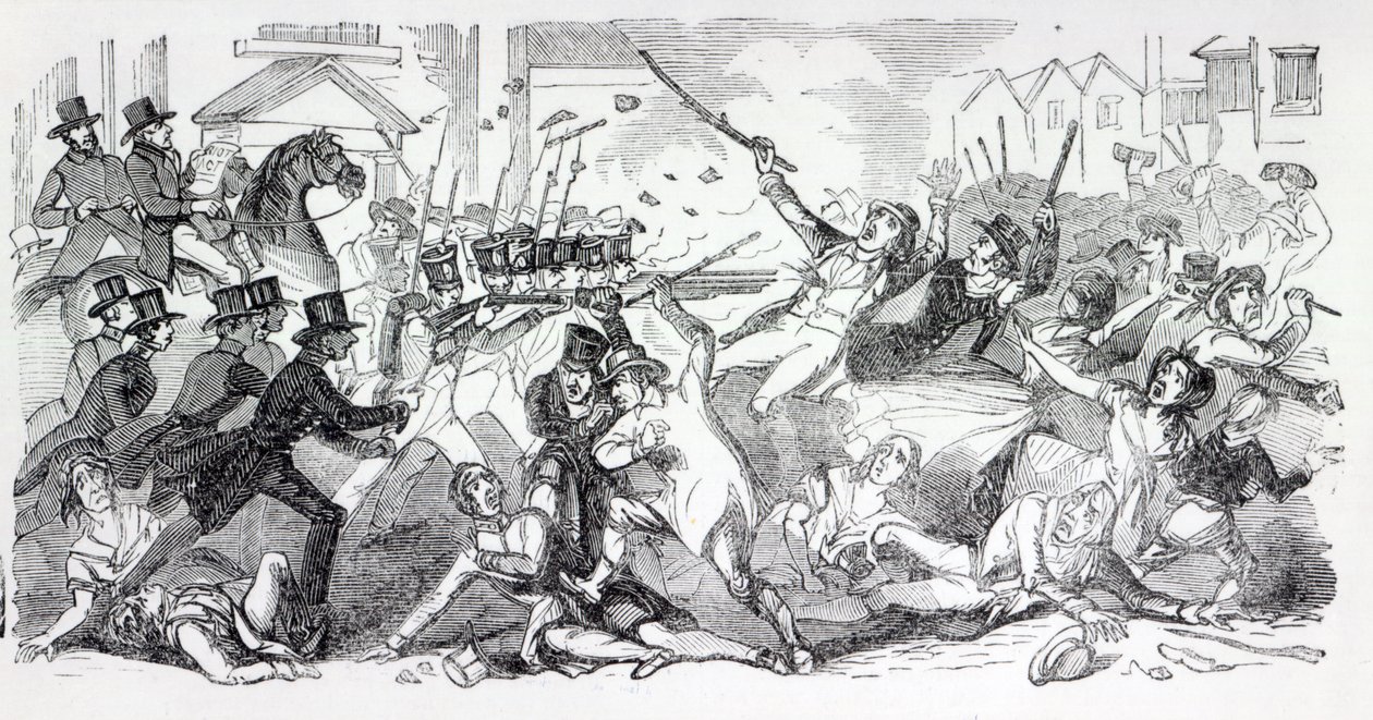 Nepokoje v Prestonu, ilustrace z "The Illustrated London News", srpen 1842 od English School