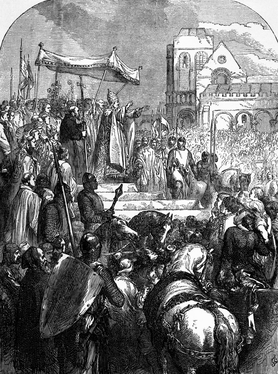 Papež Urban II (asi 1035-99) káže první křížovou výpravu na tržišti v Clermontu v roce 1095 od English School