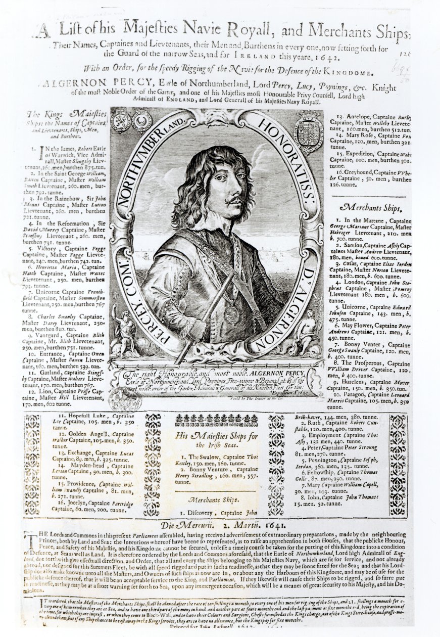 Portrét Algernona Percyho, desátého hraběte z Northumberlandu (1602-68) spolu se seznamem Královského námořnictva Jeho Veličenstva, 1642 od English School