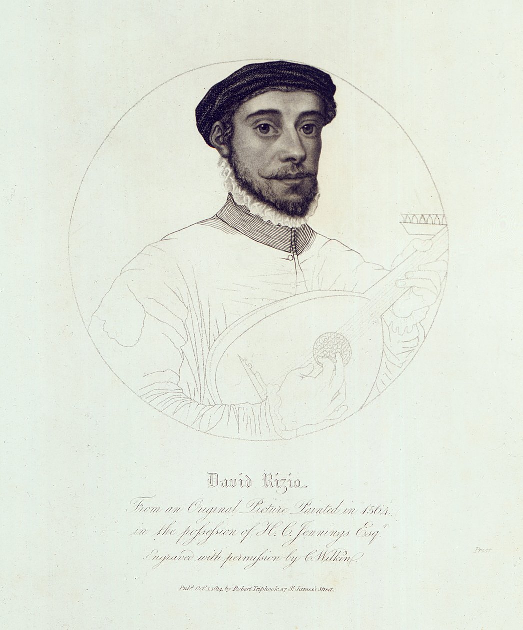 Portrét Davida Rizia, z originálu malovaného v roce 1564, ryl C. Wilkin, hospoda. Londýn, 1814 od English School