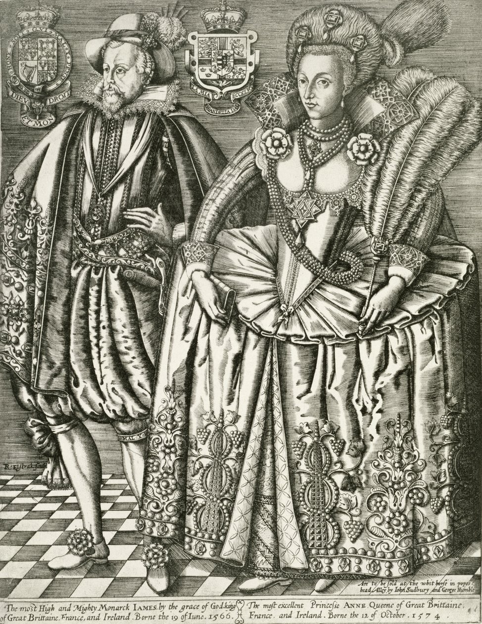 Titulní strana Portrét Jakuba I. (1566-1625) a Anny Dánské (1574-1619) z Knihy králů, vyryla Renold Elstrack (1571-1630) 1618 od English School