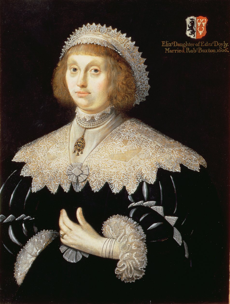 Portrét Margaret Conyersové (paní John Buxton z Tibenhamu) kolem roku 1640 od English School