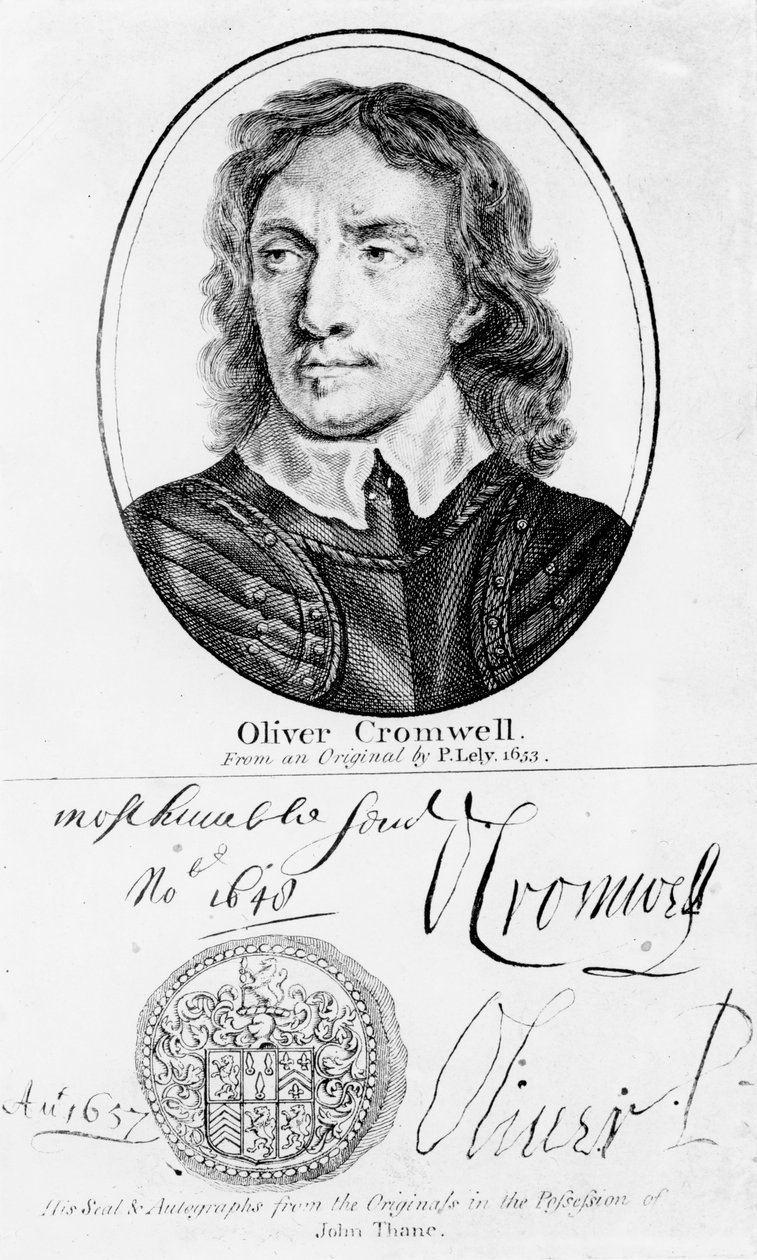 Portrét Olivera Cromwella (1599-1658) z originálu Petera Lelyho z roku 1653 a jeho pečeť a autogramy od English School