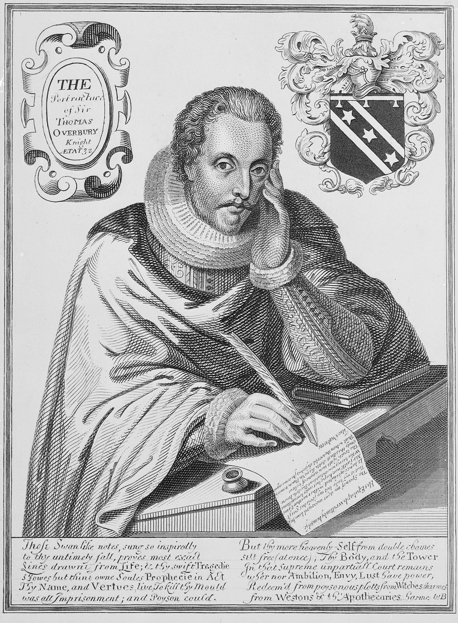 Portrét sira Thomase Overburyho (1581-1613) píšícího svůj epitaf, vyrytý Renoldem Elstrackem (1571-c.1630) 1613 od English School
