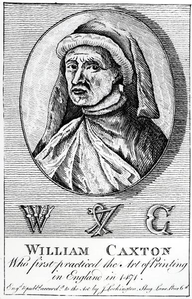 Portrét Williama Caxtona (asi 1422-91) a jeho Printers Mark od English School
