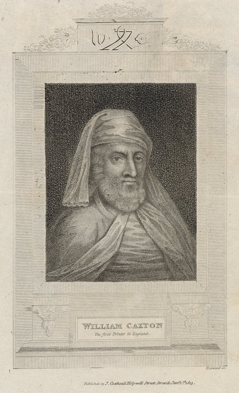 Portrét Williama Caxtona (asi 1422-91) a jeho tiskařská značka od English School