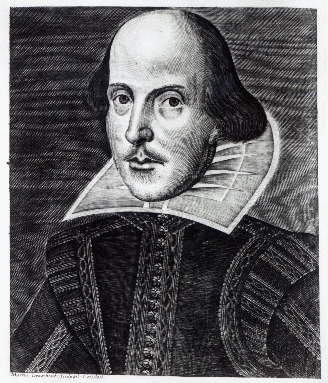 Portrét Williama Shakespeara, vyrytý Martinem Droeshoutem, 1623 od English School