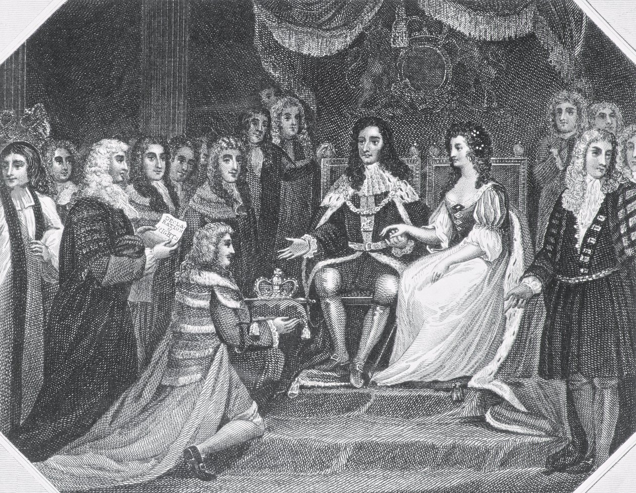 Prezentace listiny práv Williamu III. (1650-1702) z Orange a Mary II (1662-94) od English School