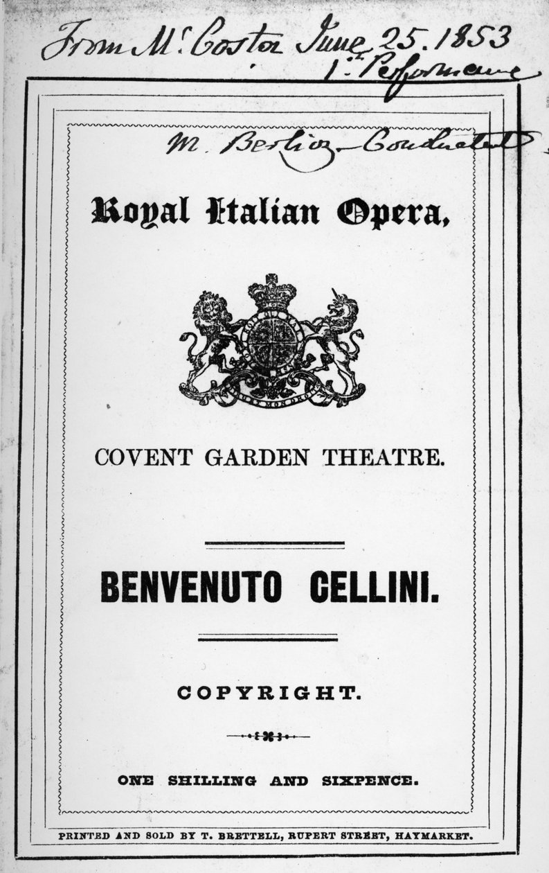 Program Berliozovy opery "Benvenuto Cellini", provedené v roce 1853 (tištěný papír) od English School