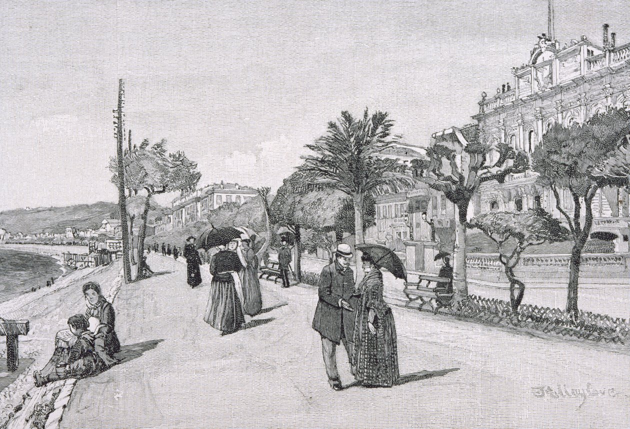 Promenade des Anglais, Nice, Francie, z knihy "The Picturesque Mediterranean", svazek 3, vydané nakladatelstvím Cassell and Co. Ltd., 80.-90. léta 19. století od English School