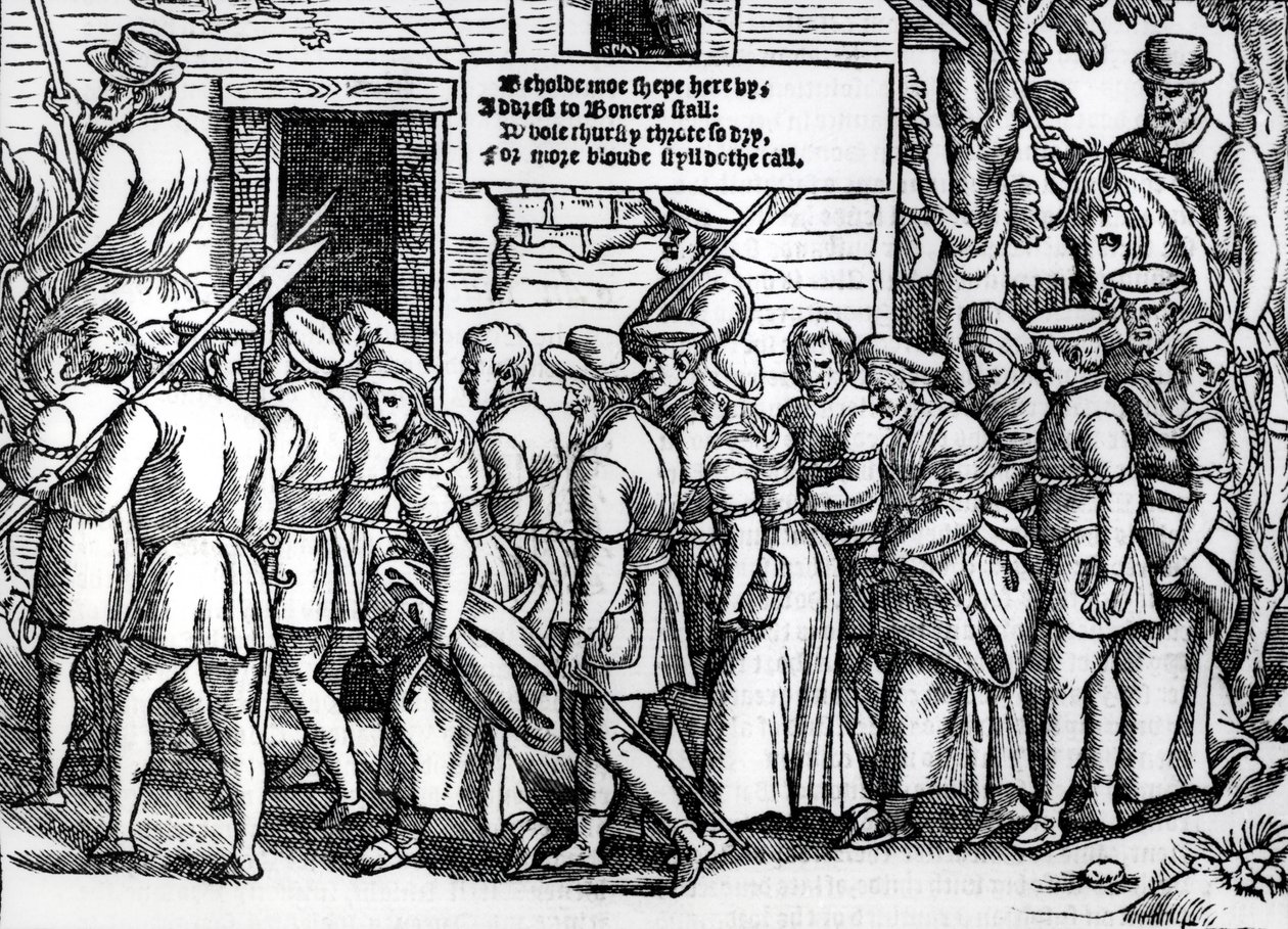 Protestanté, svázáni dohromady, vedeni do Londýna k soudu, ze „Skutků a pomníků“ od Johna Foxe (1516-87), 1563 od English School