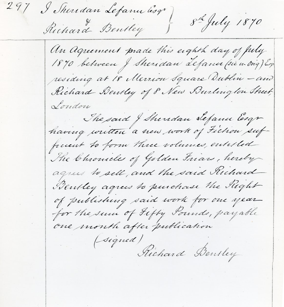 Vydavatelská smlouva mezi Josephem Sheridanem Le Fanu a Richardem Bentleym na „The Chronicles of Golden Friars“, 1870 (inkoust na papíře) od English School