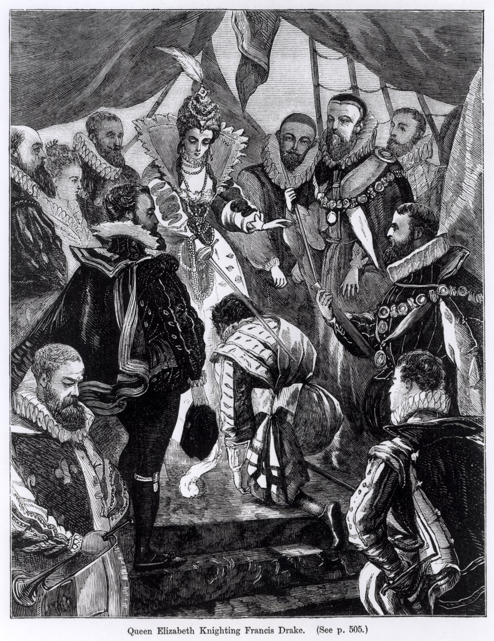 Královna Alžběta I. (1530-1603) rytířství Francis Drake (asi 1540-96) v roce 1581 od English School