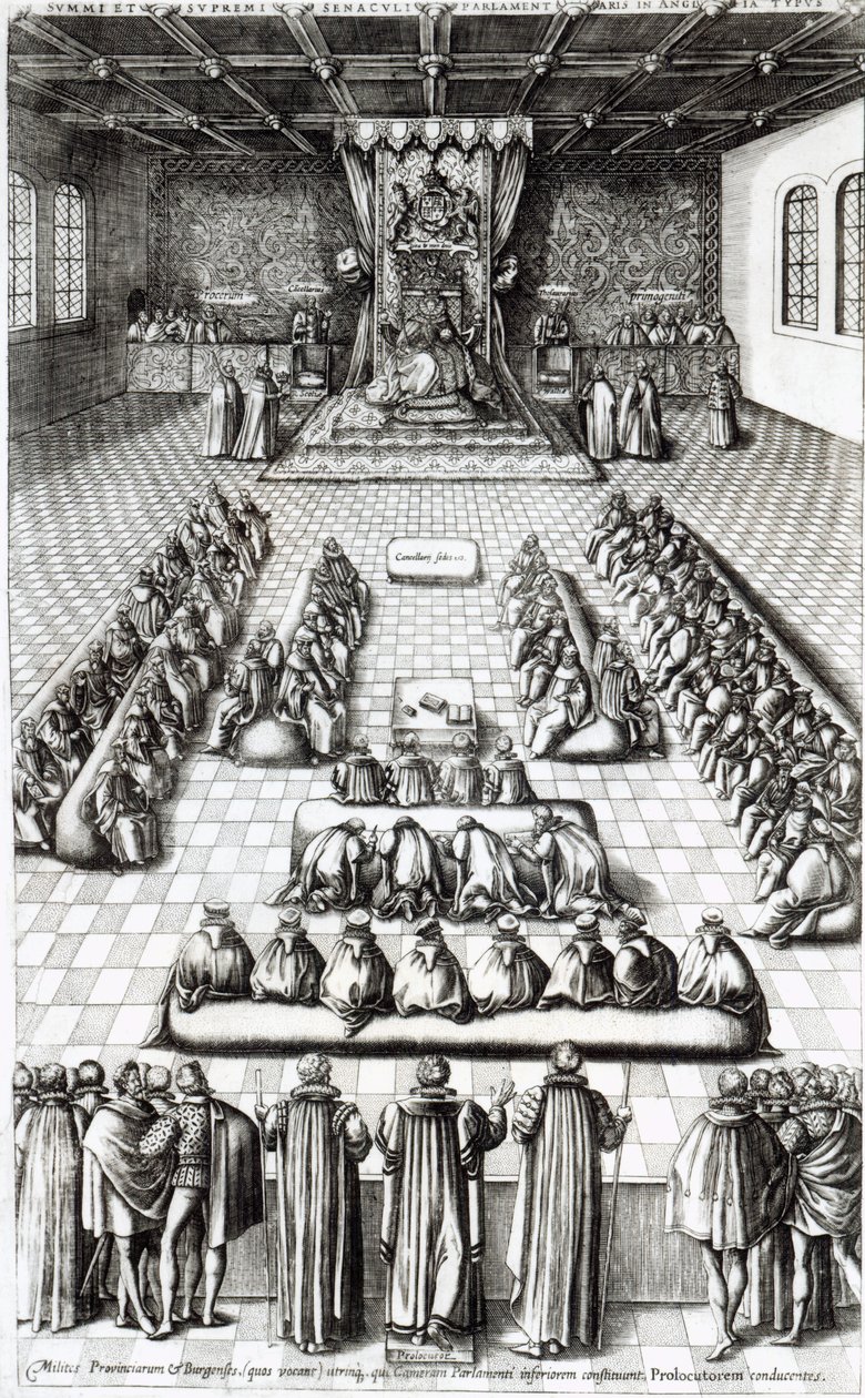 Královna Alžběta I. (1533-1603) v parlamentu od English School
