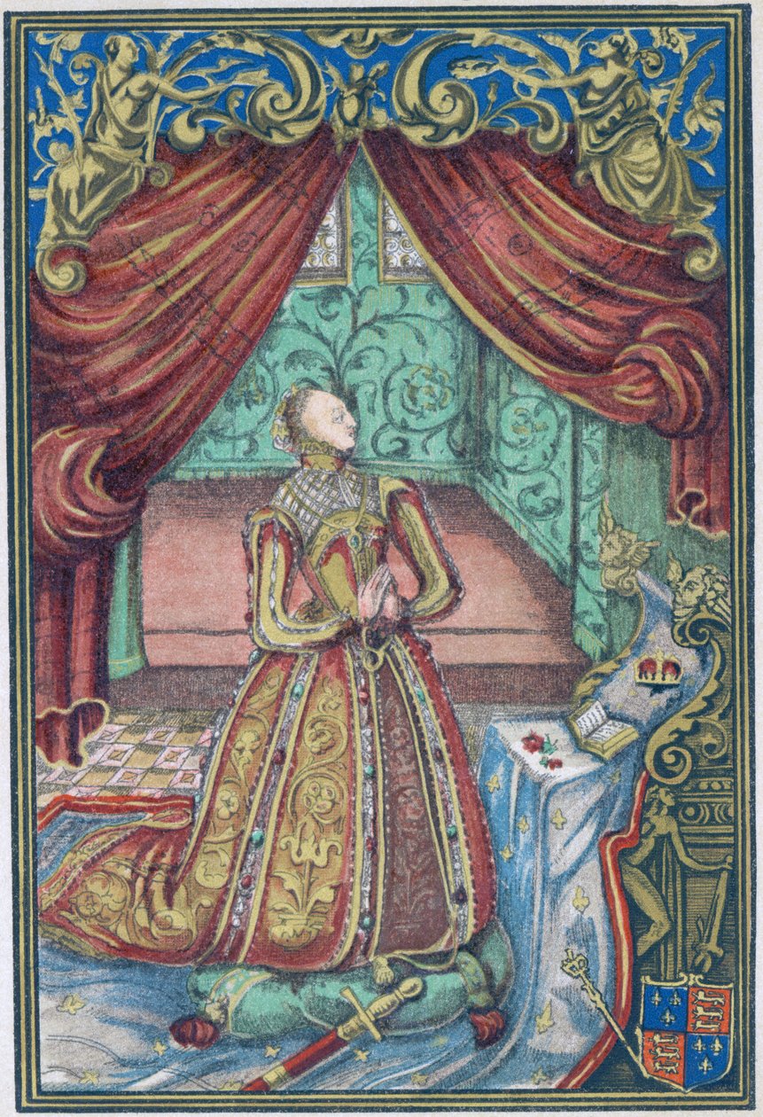 Královna Alžběta I. při modlitbě, frontispis ke „Křesťanským modlitbám“, 1569 od English School