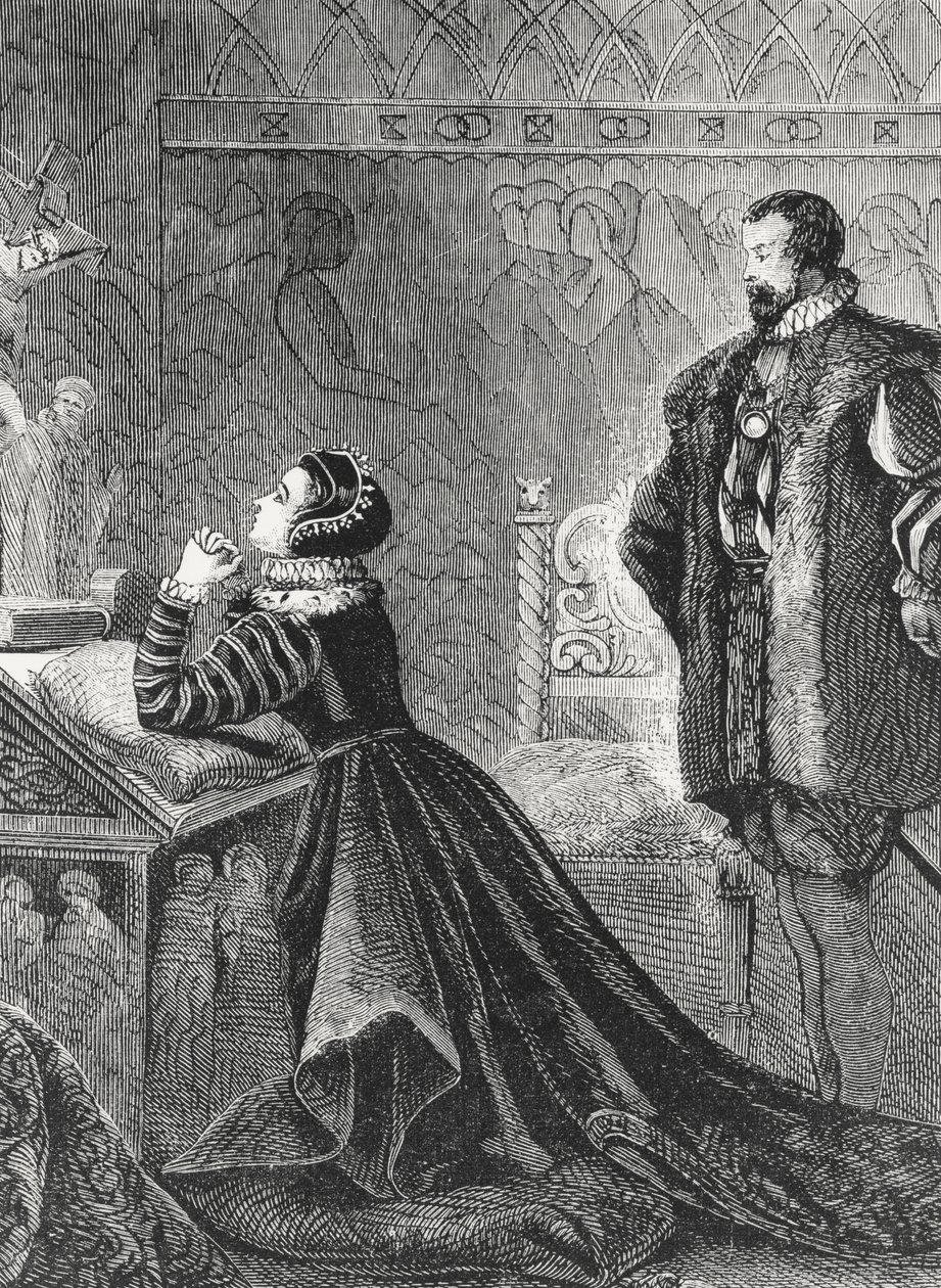 Queen Mary ve své soukromé oratoriu (1542-87) od English School