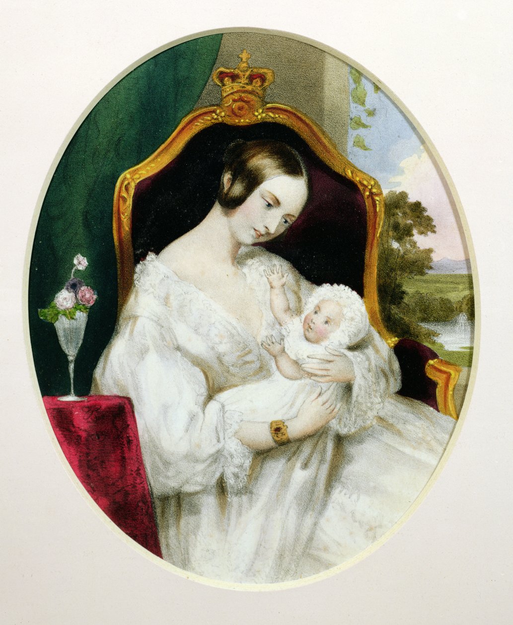 Královna Viktorie (1819-1901) s princeznou Royal (1840-1901) jako dítě (čb na papíře) od English School