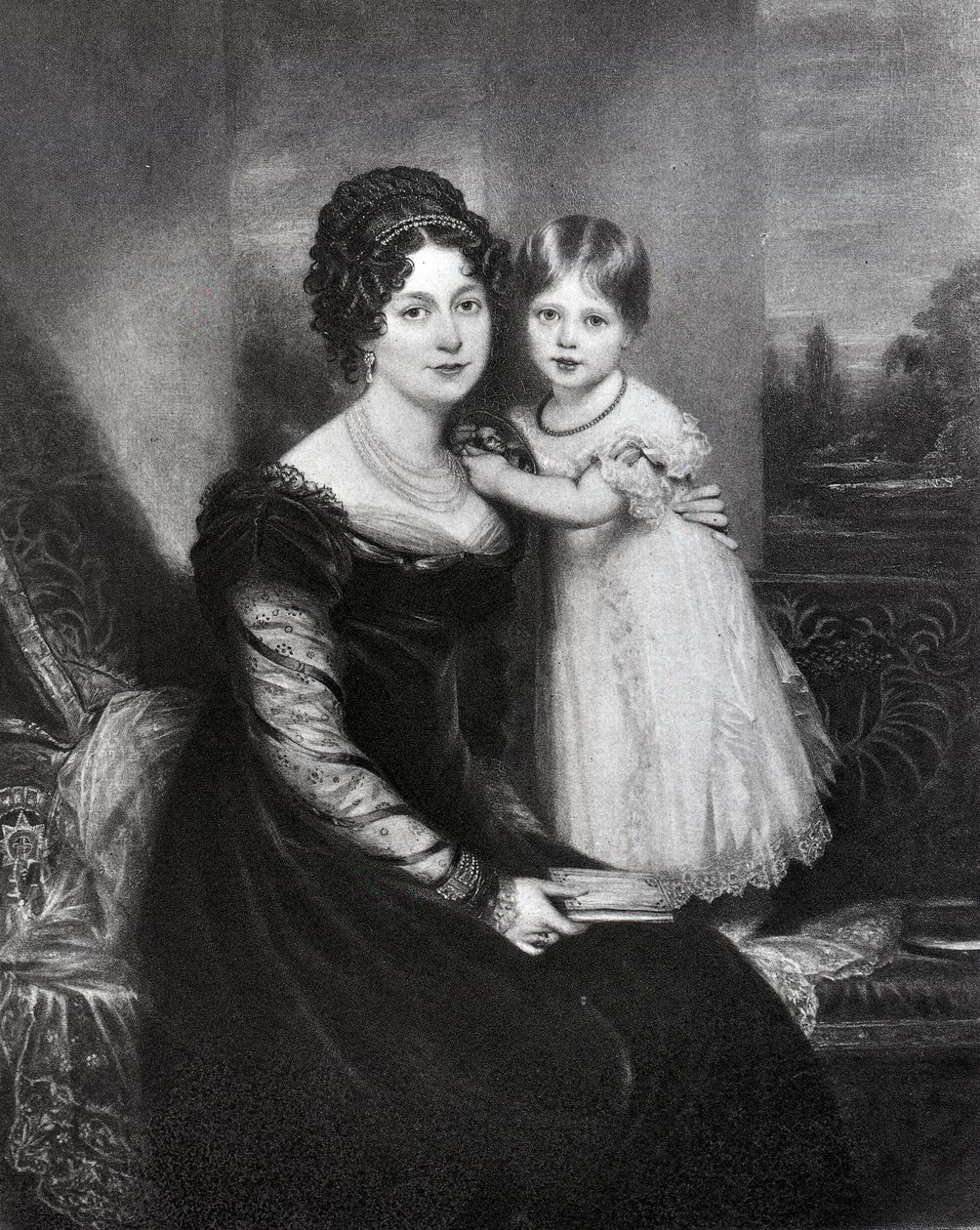 Královna Viktorie jako nemluvně se svou matkou vévodkyní z Kentu, kolem roku 1822 od English School