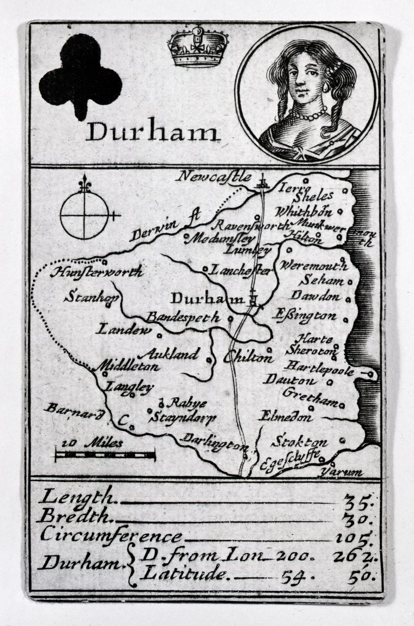 Mapa Queen of Clubs a Durhamu, kolem roku 1675 od English School