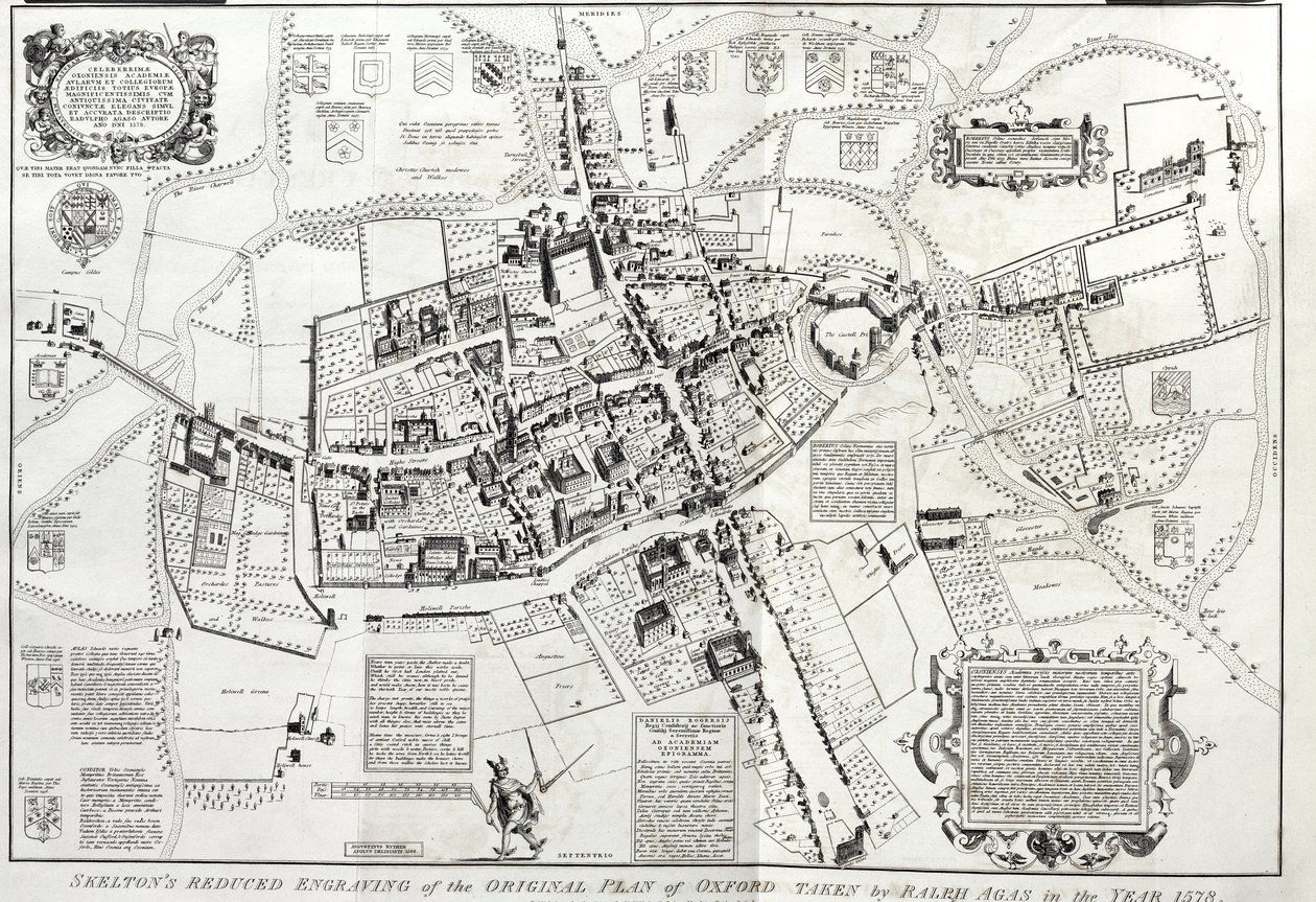 RSOS168, Frontispiece k Oxonia antiqua restaurata, pohled na Oxford z ptačí perspektivy, zmenšená verze originálu Ralpha nebo Radulpha Agase (c.1540-1621) z roku 1578, Joseph Skelton, Oxford, rytina W od English School
