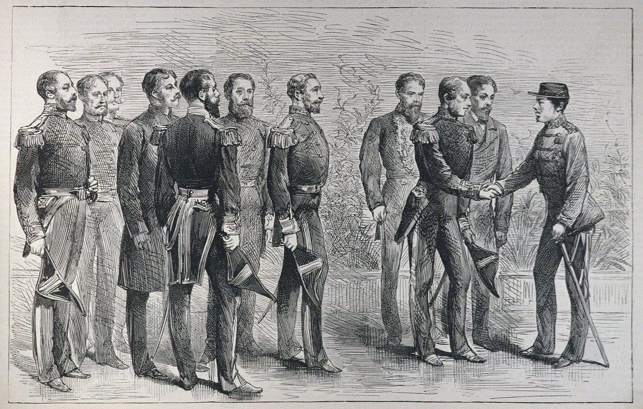 Přijetí britských námořních důstojníků japonským Mikádem, z „The Illustrated London News“, 7. května 1887 od English School