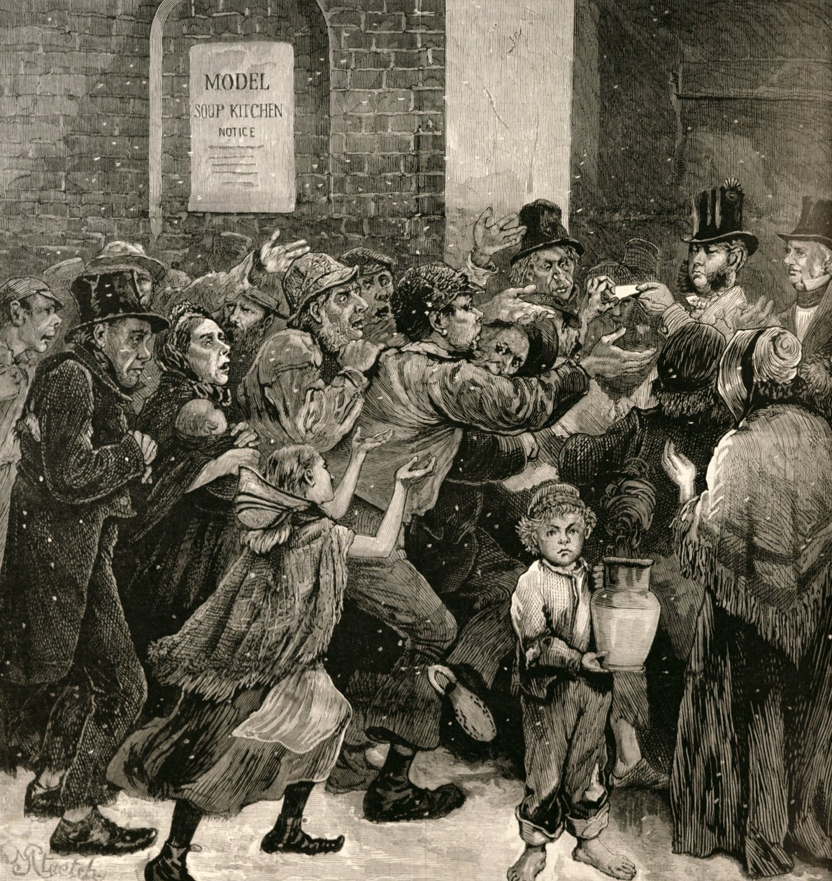 Pomoc nezaměstnaným v Londýně: Rozdávání lístků na polévku, z „The Illustrated London News“, 13. března 1886 od English School