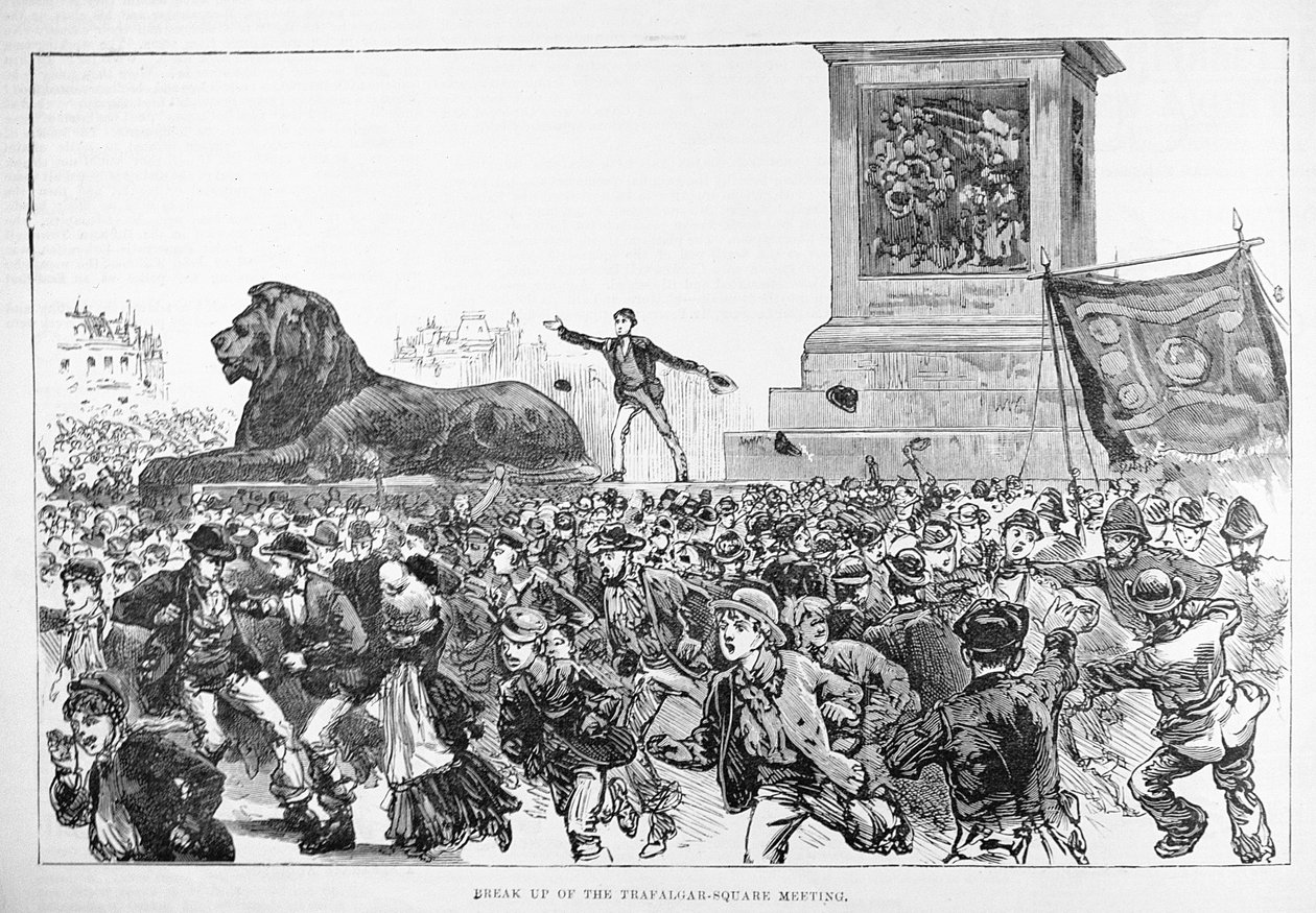 Nepokoje ve West End of London: Break Up of the Trafalgar Square Meeting, z „The Illustrated London News“, 13. února 1886 od English School