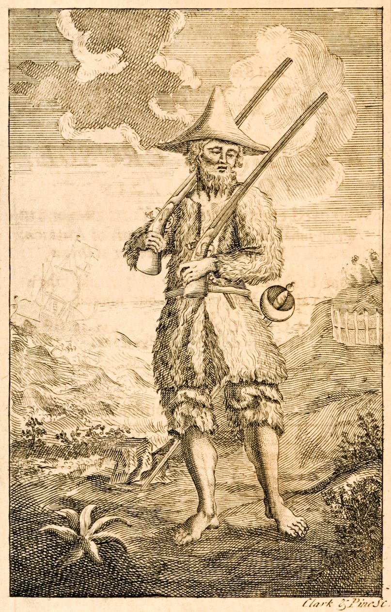 ?Robinson Crusoe? frontispisová ilustrace zobrazující domnělého autora Crusoe na břehu s mušketami a mečem z filmu ?Život a podivná překvapivá dobrodružství Robinsona Crusoe nebo York, Marine od English School