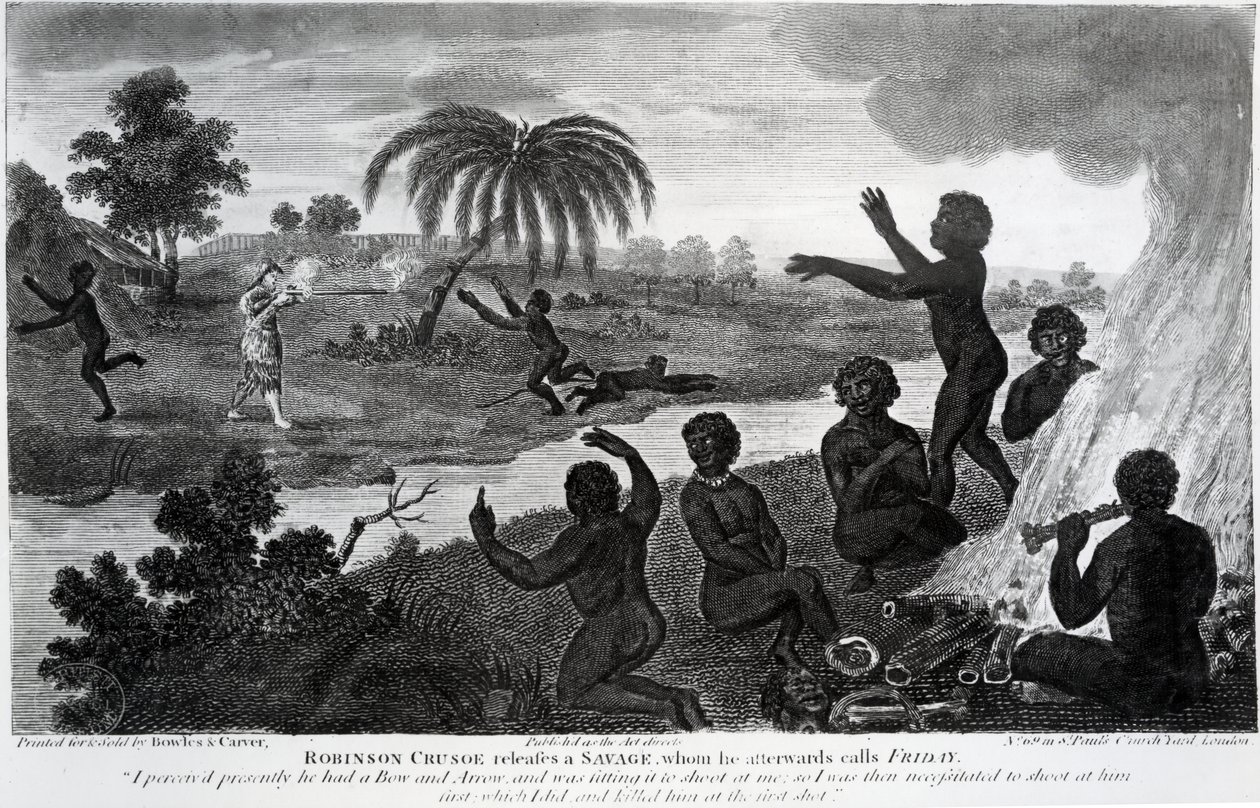 Robinson Crusoe vydává divocha, kterému později říká Friday, ilustrace z 