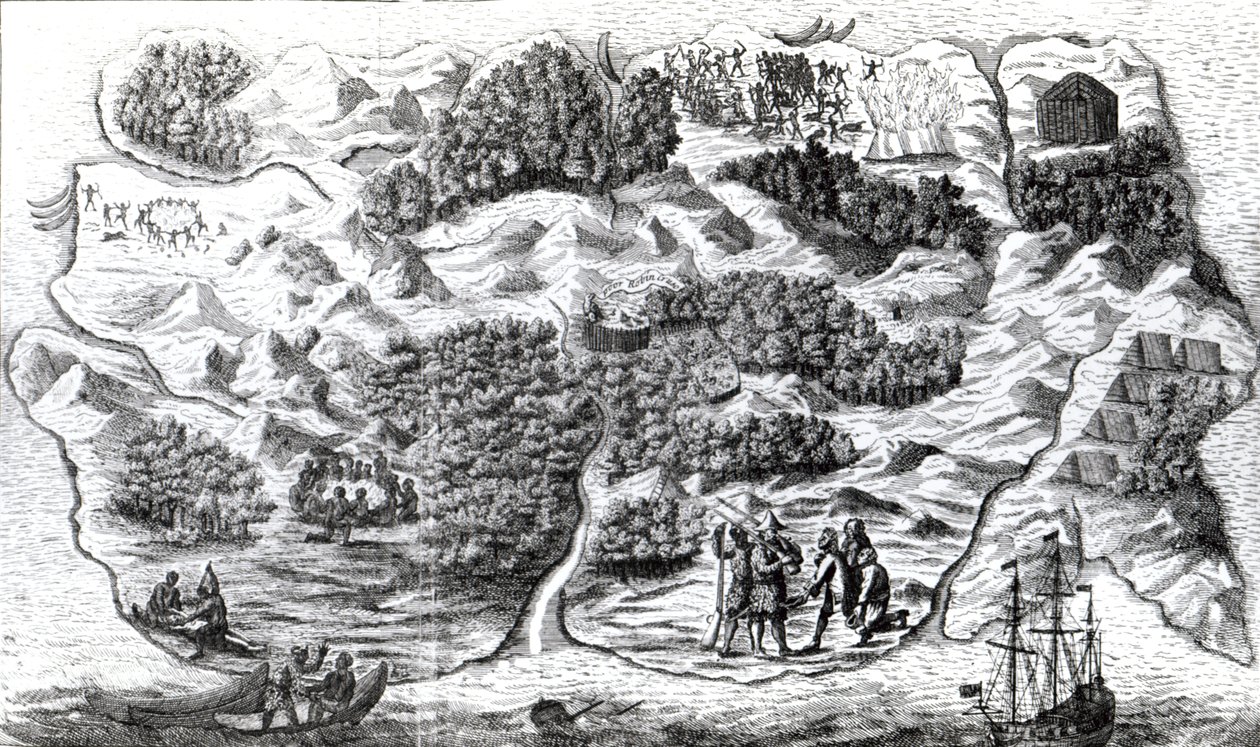 Ostrov Robinsona Crusoe, vyrytý Clarkem a Pineem, 1719 od English School