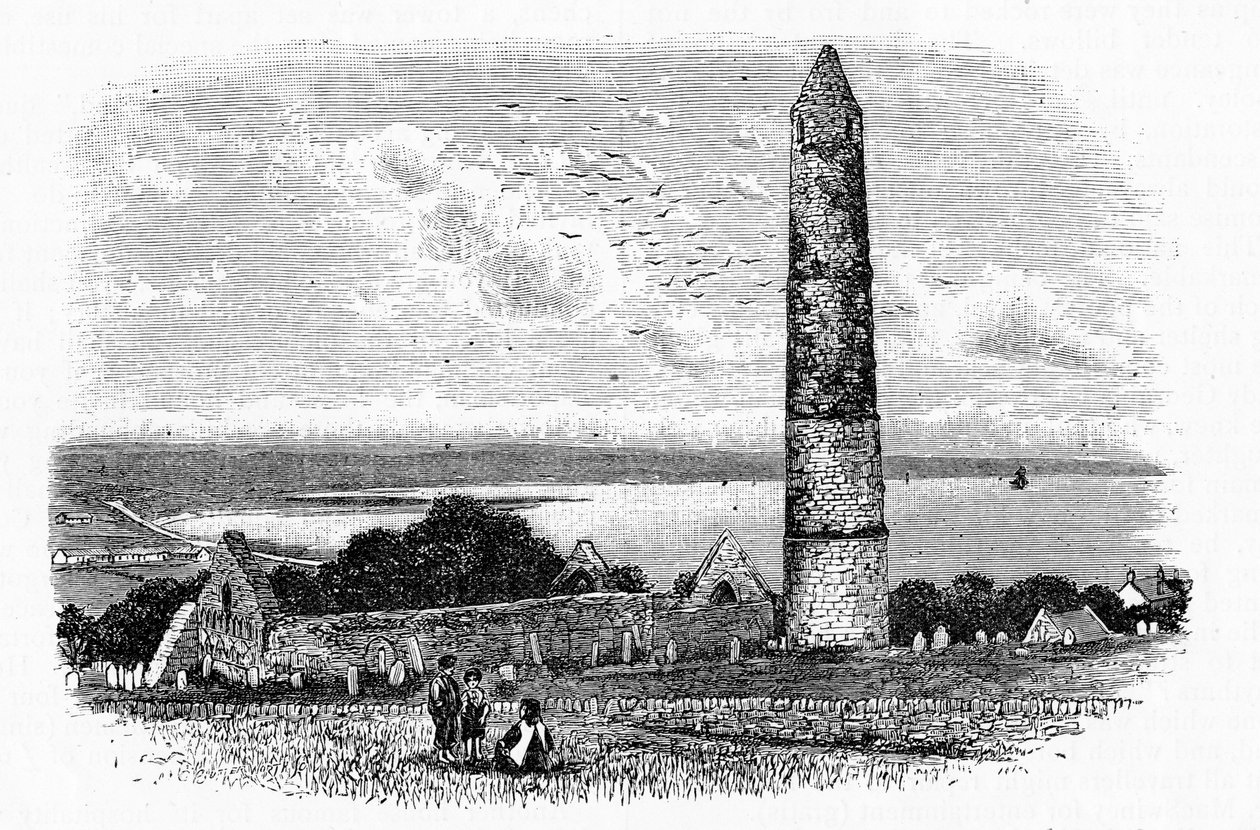 Kulatá věž a ruiny kostela St Declan v Ardmore, c.1888 od English School